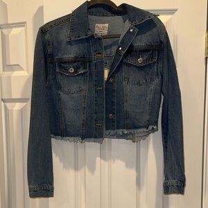 Love Tree Dark Blue Frayed Hem Jean Jacket